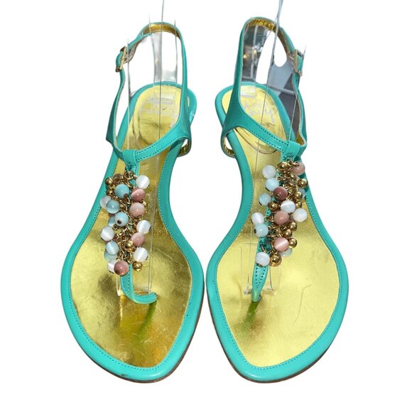 Will's Fancy Made In Italy Beaded Kitten Heels-Turquoise Leather, Size 7M - Picture 2 of 12